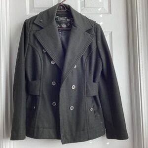 Esprit women’s pea coat, wool, sz M, medium length, seaweed green